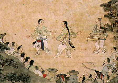Competição de Taekkyon entre vila retratada em obra do século 18